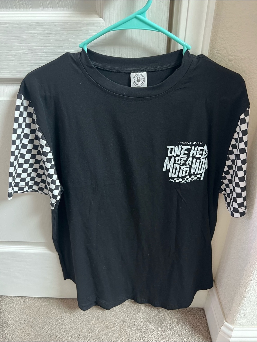 Black Graphic Tee with Checkered Sleeve Panels